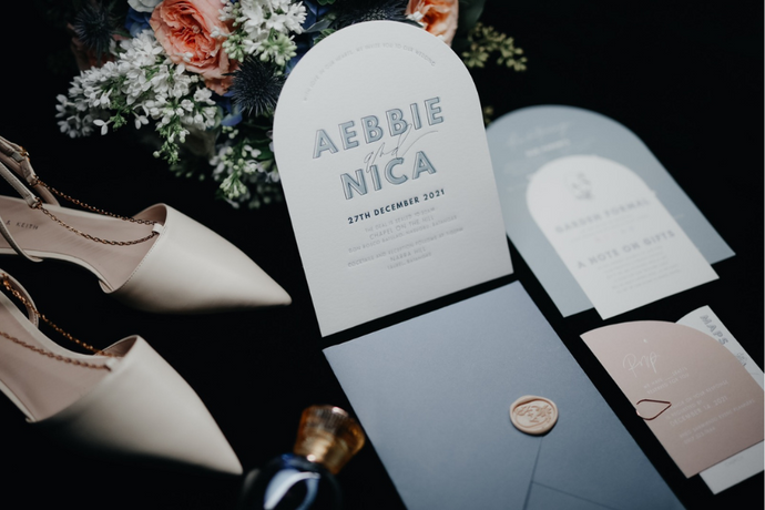 Modern Arch Dusty Blue and Champagne Invitations